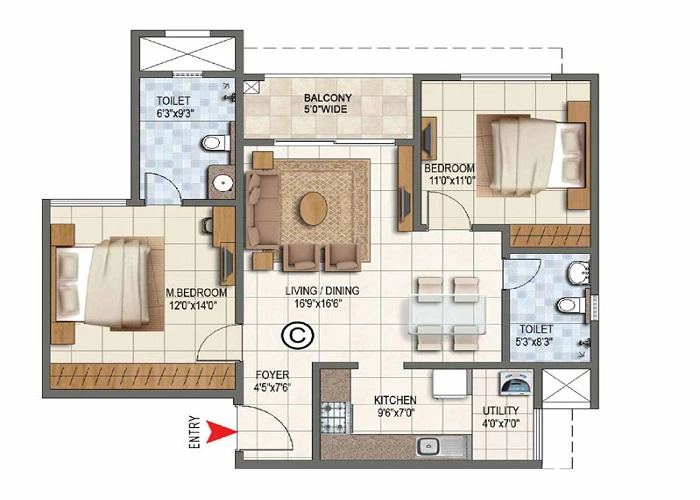 Prestige Falcon City 3 BHK Floor Plan